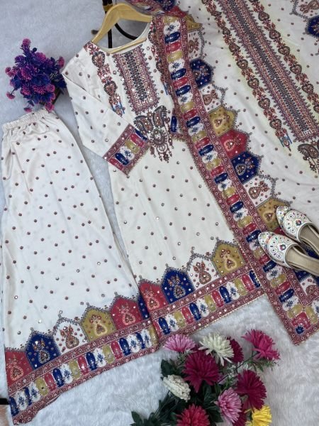 Wedding Special Maslin Kurti Palazzo Set with Real Mirror Work   Dupatta Pakistani Style Elegance Ready To Wear Collection