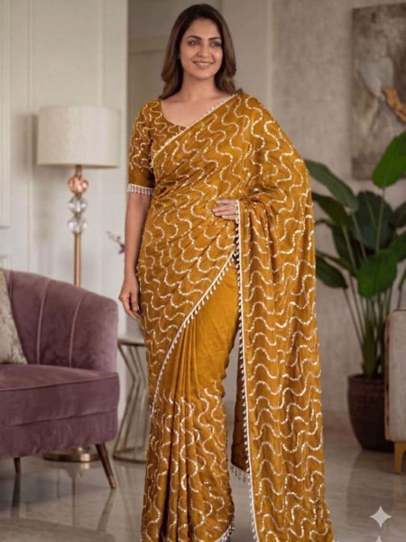 Wedding Special Mustered Yellow Saree with Real Beads Work at Wholesale Price Silk Sarees Wholesale