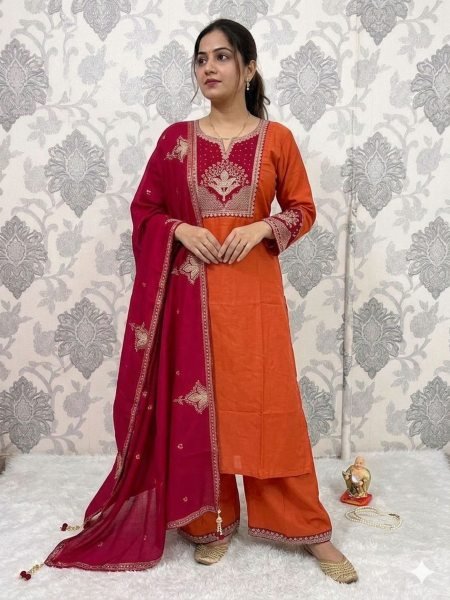 Wedding Special Orange Kurti Palazzo Set with Sequins Embroidery Kurtis