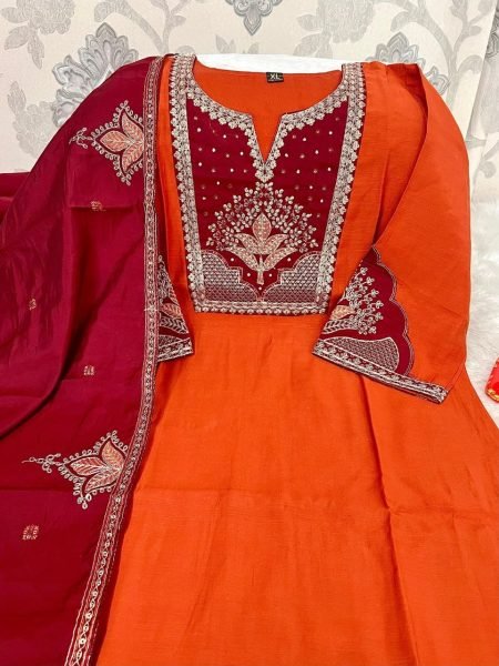 Wedding Special Orange Kurti Palazzo Set with Sequins Embroidery  Straight Cut Long Kurtis