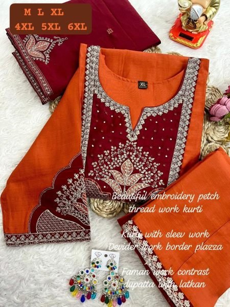 Wedding Special Orange Kurti Palazzo Set with Sequins Embroidery  Straight Cut Long Kurtis