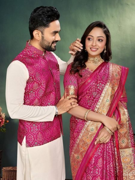 Wedding Special Pink Couple Combo Set Kurta Pajama with Koti for Him   Jacquard Silk Saree for Her Textile Wholesaler Couple Combo collection 