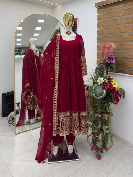 Wedding Special Red Georgette Gown Set for Women with Fancy Dupatta Ready To Wear Collection