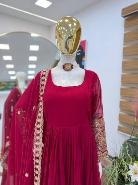 Wedding Special Red Georgette Gown Set for Women with Fancy Dupatta Ready To Wear Collection