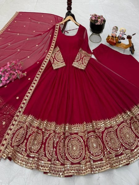 Wedding Special Red Georgette Gown Set for Women with Fancy Dupatta Ready To Wear Collection