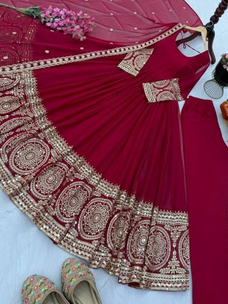 Wedding Special Red Georgette Gown Set for Women with Fancy Dupatta Ready To Wear Collection