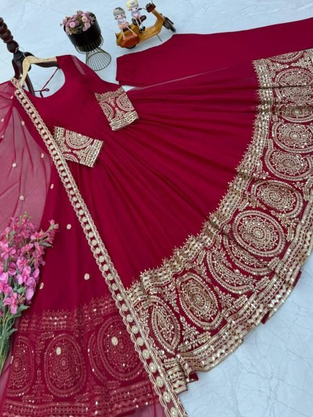 Wedding Special Red Georgette Gown Set for Women with Fancy Dupatta Ready To Wear Collection