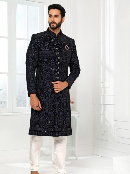 Wedding Special Royal Blue Mens Jacket Kurta Set with Dupion Silk Pant for Groom Wear Mens Wear