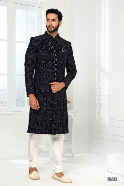 Wedding Special Royal Blue Mens Jacket Kurta Set with Dupion Silk Pant for Groom Wear Kurta Pajama Wholesale