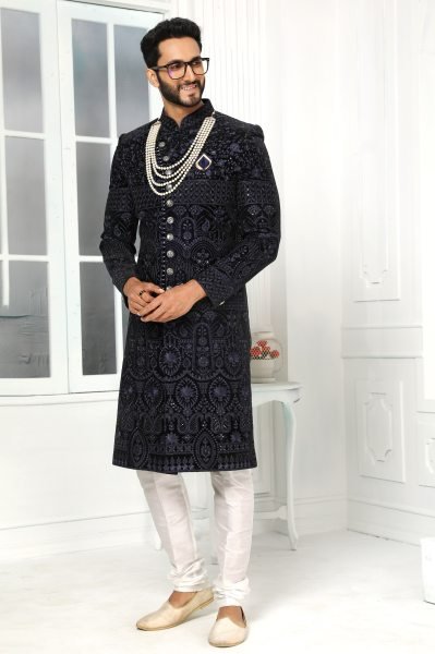Wedding Special Royal Blue Mens Jacket Kurta Set with Dupion Silk Pant for Groom Wear Kurta Pajama Wholesale