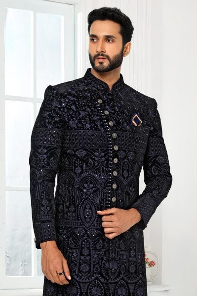 Wedding Special Royal Blue Mens Jacket Kurta Set with Dupion Silk Pant for Groom Wear Kurta Pajama Wholesale