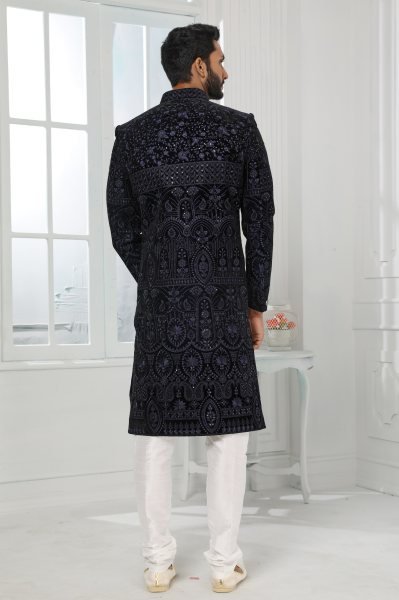 Wedding Special Royal Blue Mens Jacket Kurta Set with Dupion Silk Pant for Groom Wear Kurta Pajama Wholesale
