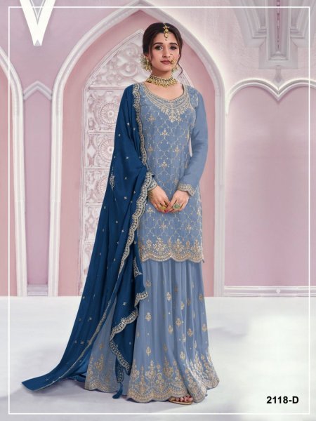 Wedding Special Sky Blue Chinon Suit Set with Palazzo and Dupatta for Ladies 
