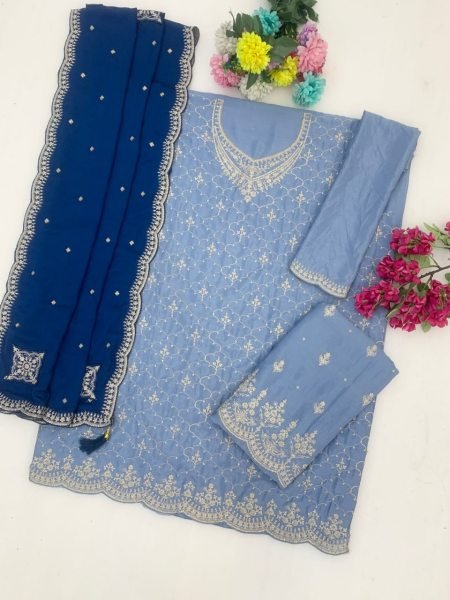 Wedding Special Sky Blue Chinon Suit Set with Palazzo and Dupatta for Ladies Designer Plazzo Salwar Suits Wholesale