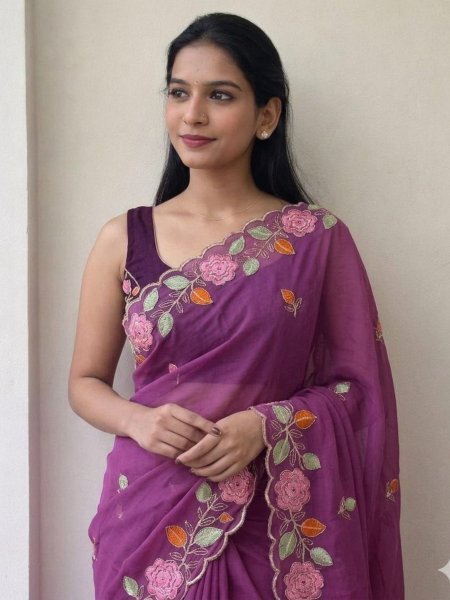 Wedding Special Wine Georgette Saree with Flower Embroidery Work Sarees 