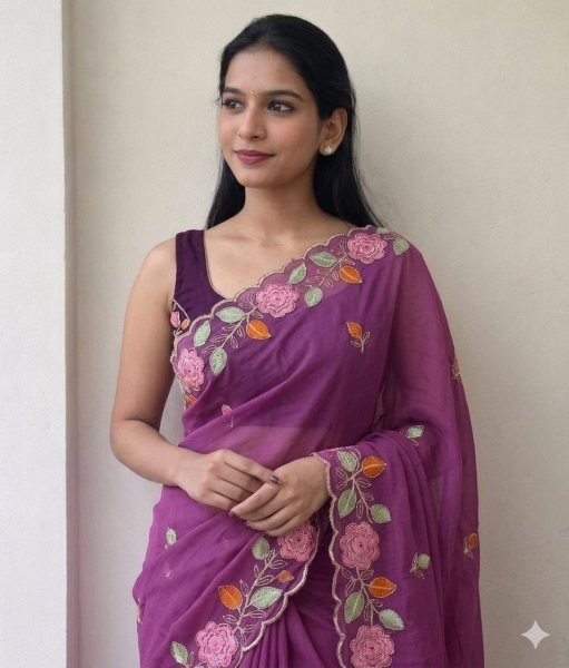 Wedding Special Wine Georgette Saree with Flower Embroidery Work Embroidery Sarees Wholesale