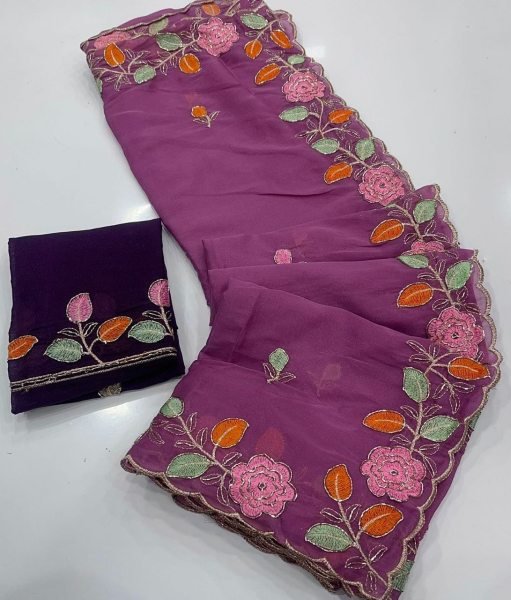 Wedding Special Wine Georgette Saree with Flower Embroidery Work Embroidery Sarees Wholesale