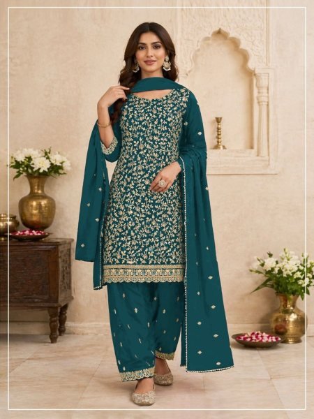 Wedding Teal Blue Dress Material with Heavy Georgette Fabric and Embroidered Dupatta 