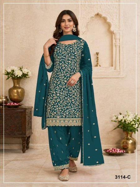 Wedding Teal Blue Dress Material with Heavy Georgette Fabric and Embroidered Dupatta Churidar Salwar Suits Wholesale