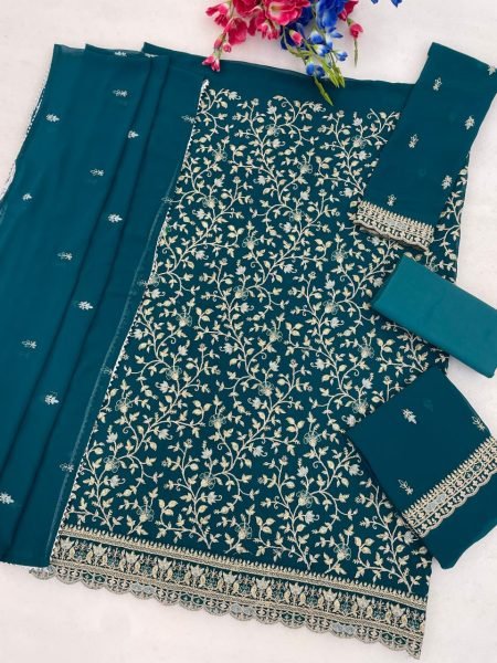Wedding Teal Blue Dress Material with Heavy Georgette Fabric and Embroidered Dupatta Churidar Salwar Suits Wholesale