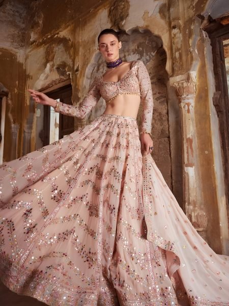 Wedding Wear Baby Pink Faux Georgette Lehenga Choli with Paper Mirror Work at Wholesale Rate Wholesale Lehengas Suppliers in Fiji