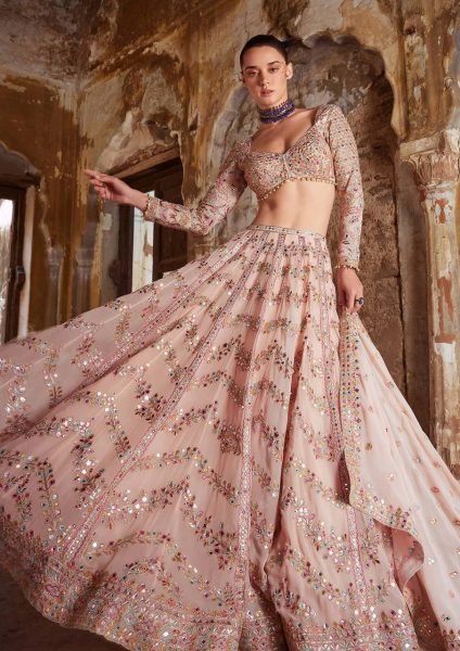 Wedding Wear Baby Pink Faux Georgette Lehenga Choli with Paper Mirror Work at Wholesale Rate Designer Lehenga Choli