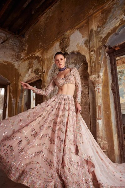 Wedding Wear Baby Pink Faux Georgette Lehenga Choli with Paper Mirror Work at Wholesale Rate Designer Lehenga Choli