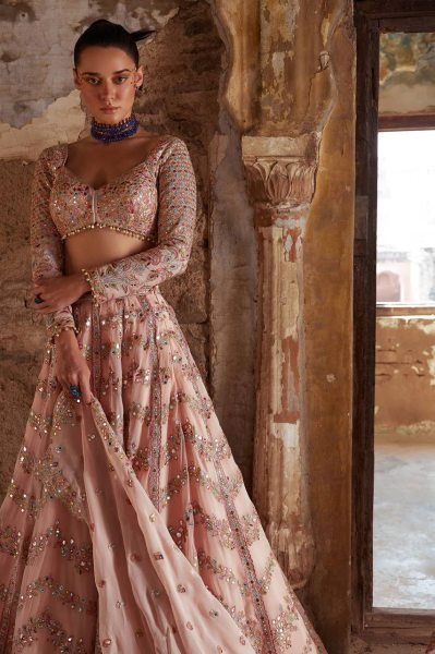 Wedding Wear Baby Pink Faux Georgette Lehenga Choli with Paper Mirror Work at Wholesale Rate Designer Lehenga Choli