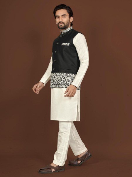 Wedding Wear Black Koti Kurta Set for Men Traditional Look Mens Wear
