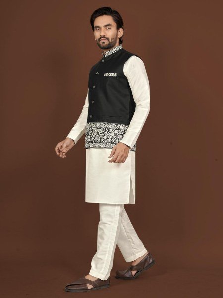 Wedding Wear Black Koti Kurta Set for Men Traditional Look Kurta Pajama Wholesale