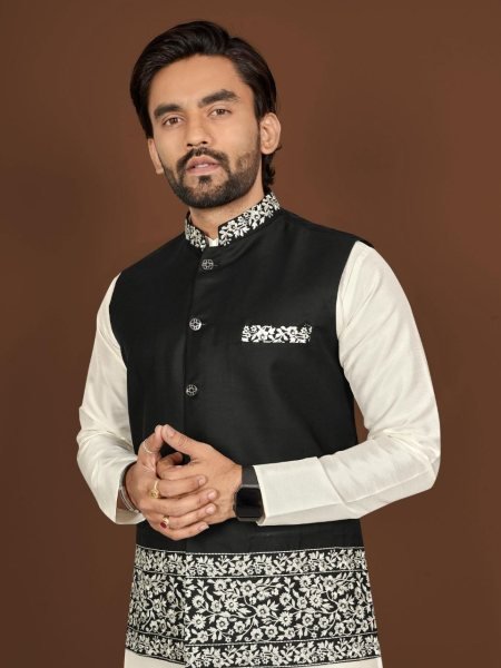 Wedding Wear Black Koti Kurta Set for Men Traditional Look Kurta Pajama Wholesale