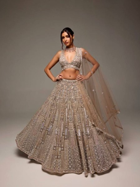 Wedding Wear Cream Lehenga with Sequins Thread Work and Designer Dupatta For Garba Night Function Bollywood Lehenga Choli