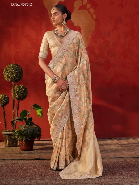 Wedding Wear Cream Pure Viscose Saree with Designer Embroidery and Blouse Sarees 