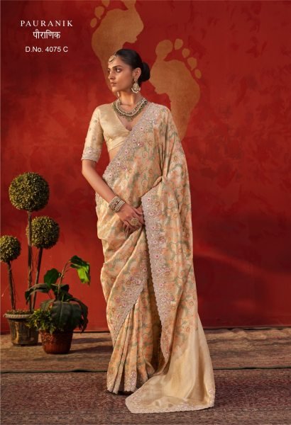 Wedding Wear Cream Pure Viscose Saree with Designer Embroidery and Blouse Designer Wedding Sarees Wholesale