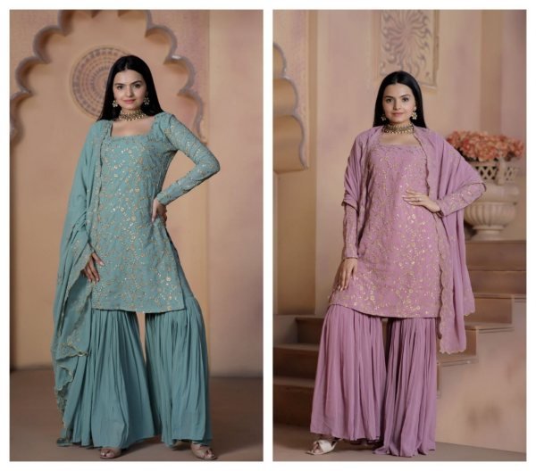 Wedding Wear Faux Georgette Sharara Suits With Embroidery Work  Ready To Wear Collection