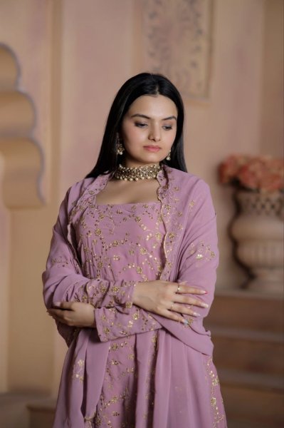 Wedding Wear Faux Georgette Sharara Suits With Embroidery Work  Ready To Wear Collection