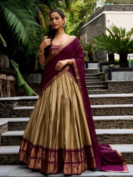 Wedding Wear Golden Brown South Lehenga with Georgette Dupatta at Factory Price 
