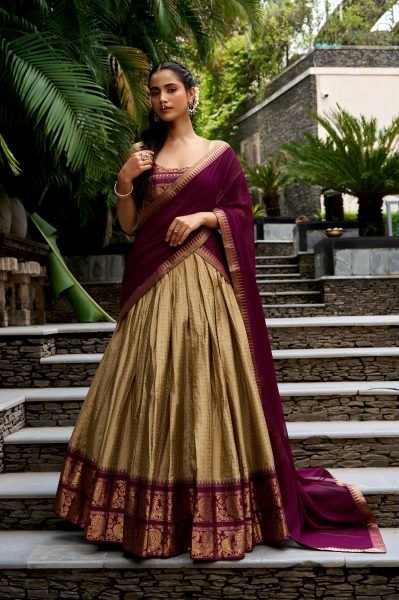 Wedding Wear Golden Brown South Lehenga with Georgette Dupatta at Factory Price Half Saree Lehenga
