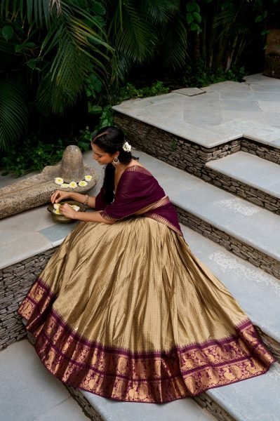 Wedding Wear Golden Brown South Lehenga with Georgette Dupatta at Factory Price Half Saree Lehenga