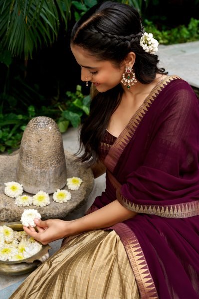 Wedding Wear Golden Brown South Lehenga with Georgette Dupatta at Factory Price Half Saree Lehenga
