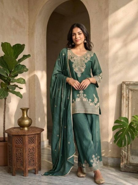 Wedding Wear Green Rangoli Crush Palazzo Suit with Beautiful Embroidery Work  Ready To Wear Suit