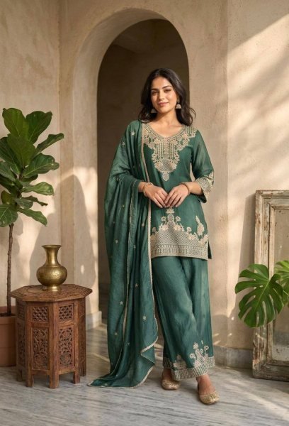 Wedding Wear Green Rangoli Crush Palazzo Suit with Beautiful Embroidery Work  Ready To Wear Collection