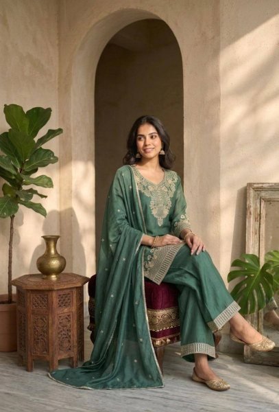 Wedding Wear Green Rangoli Crush Palazzo Suit with Beautiful Embroidery Work  Ready To Wear Collection