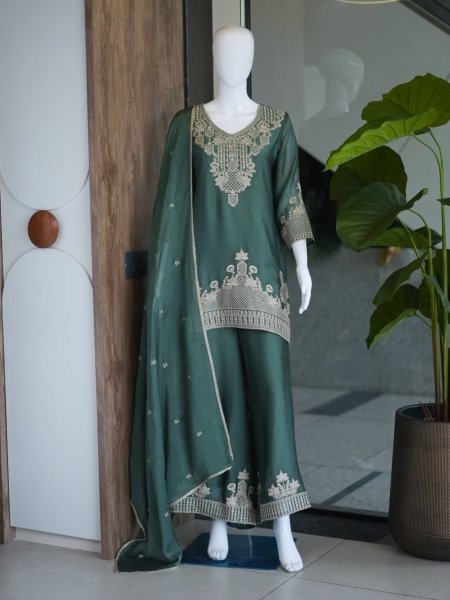 Wedding Wear Green Rangoli Crush Palazzo Suit with Beautiful Embroidery Work  Ready To Wear Collection