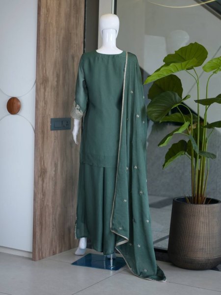 Wedding Wear Green Rangoli Crush Palazzo Suit with Beautiful Embroidery Work  Ready To Wear Collection