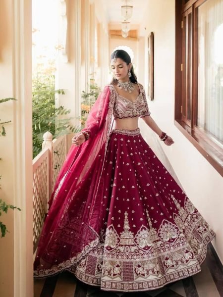 Wedding Wear Maroon Malai Silk Lehenga with Thread Zari and Sequins Work at Wholeale Rate 