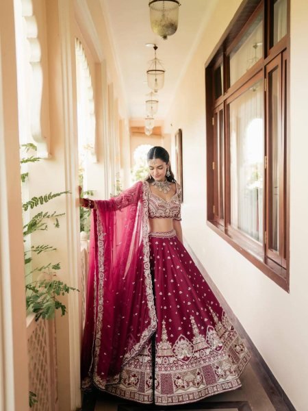 Wedding Wear Maroon Malai Silk Lehenga with Thread Zari and Sequins Work at Wholeale Rate Bridal Lehenga Choli