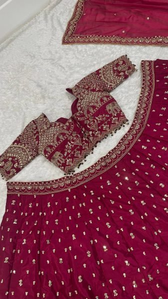 Wedding Wear Maroon Malai Silk Lehenga with Thread Zari and Sequins Work at Wholeale Rate Bridal Lehenga Choli