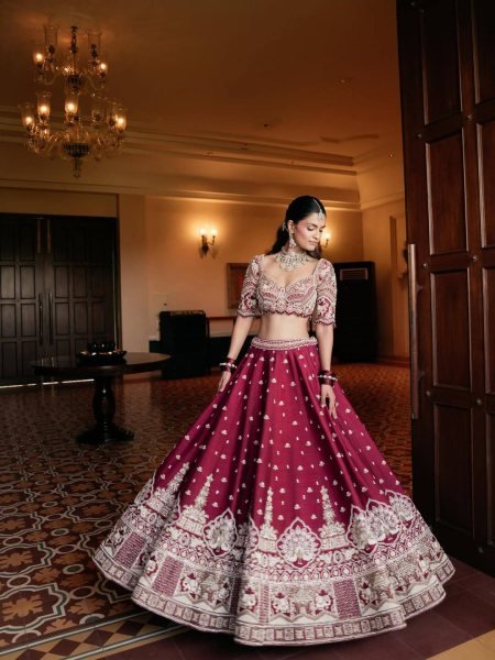 Wedding Wear Maroon Malai Silk Lehenga with Thread Zari and Sequins Work at Wholeale Rate Bridal Lehenga Choli