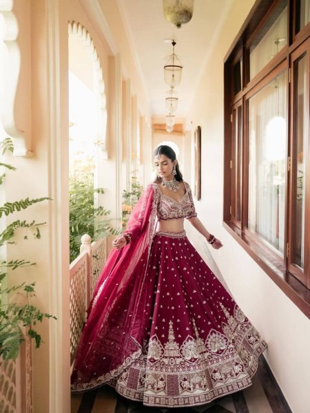 Wedding Wear Maroon Malai Silk Lehenga with Thread Zari and Sequins Work at Wholeale Rate Bridal Lehenga Choli